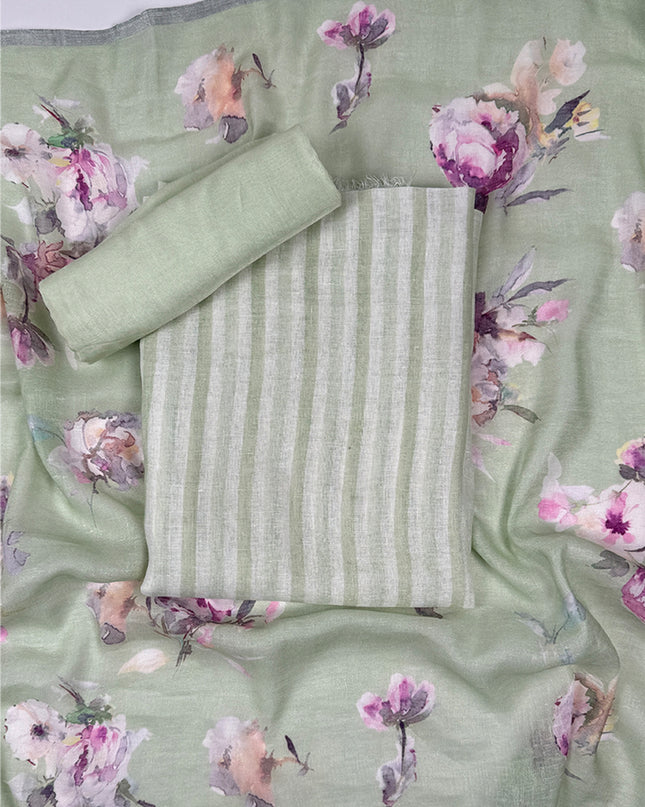 Sage Bloom suit set in linen fabric with work stripes