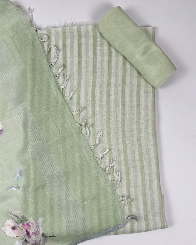 Sage Bloom suit set in linen fabric with work stripes