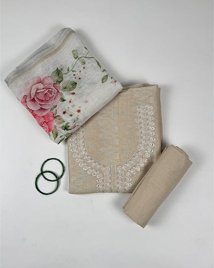 Cream Touch Suit Set in linen fabric with thread work