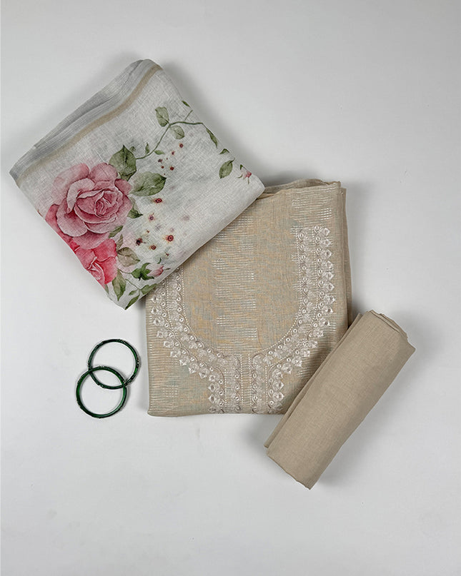 Cream Touch Suit Set in linen fabric with thread work