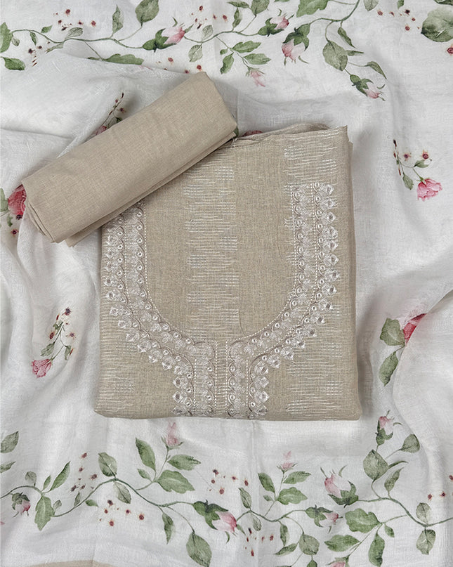 Cream Touch Suit Set in linen fabric with thread work