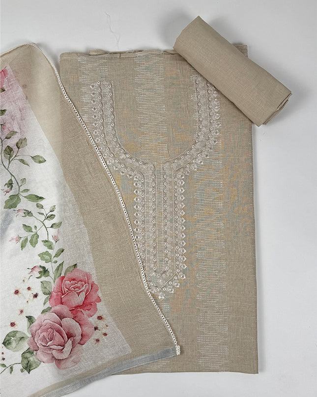 Cream Touch Suit Set in linen fabric with thread work